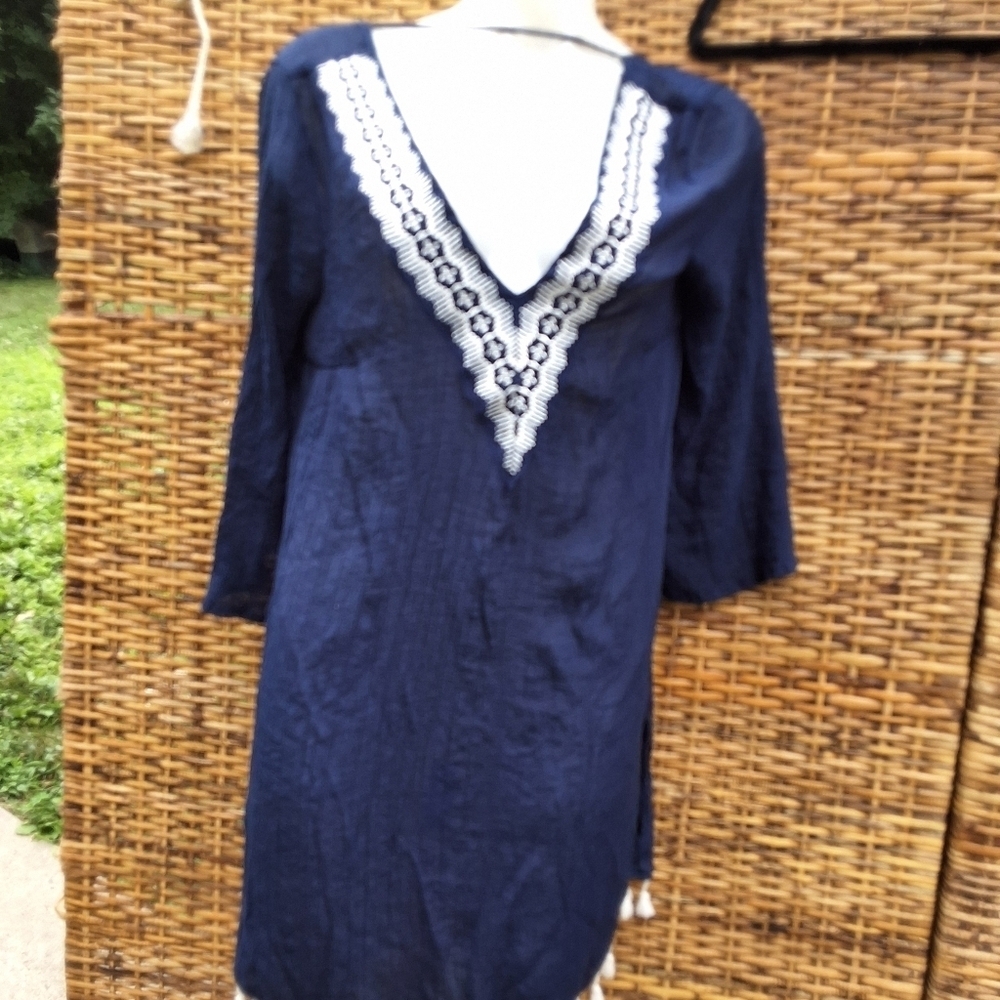Kona Sol Deep Blue Gauzy Tunic with Elegant Embroidy Swim Cover Up M - Picture 6 of 15